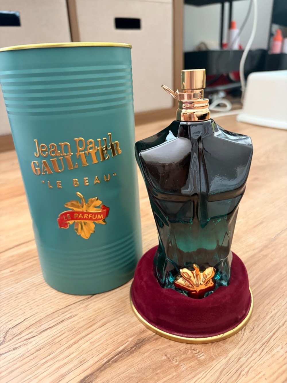 Jean Paul Gaultier Le Beau Parfum - Teal Tin with Green Glass Torso Bottle